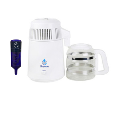 MegaHome Enamel Countertop Water Distiller, White with Glass Bottle cobalt blue